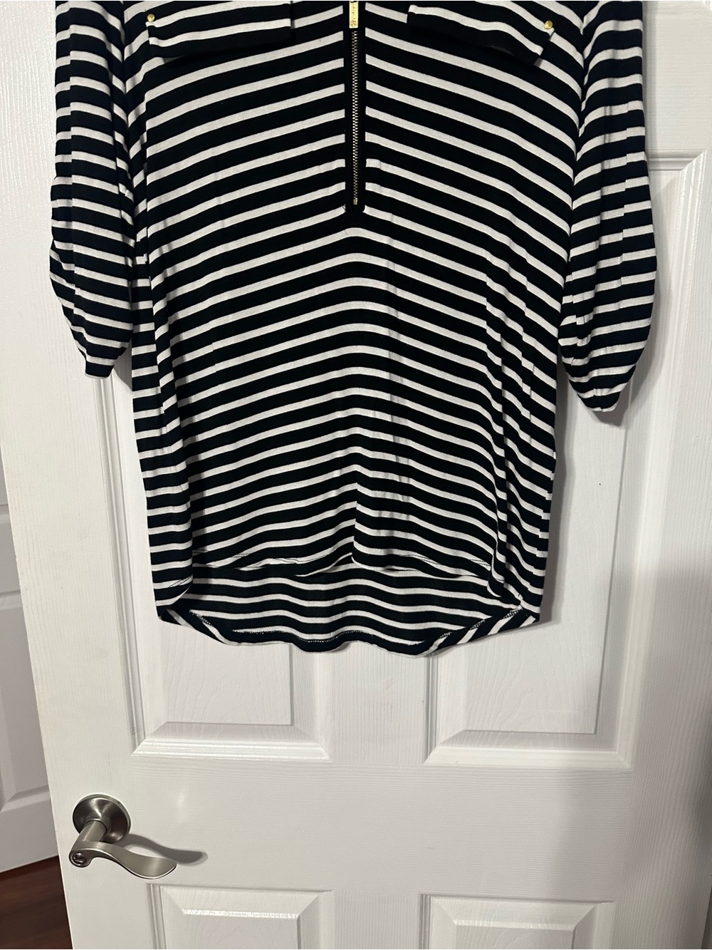 Calvin Klein Striped Half-Zip Roll Tab Sleeve Hi Lo Blouse - Picture 3 of 15